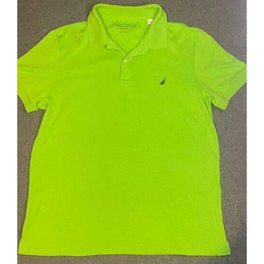 NAUTICA POLO Mens LARGE‎ 100% COTTON LIME GREEN SHORT SLEEVE SLIM FIT